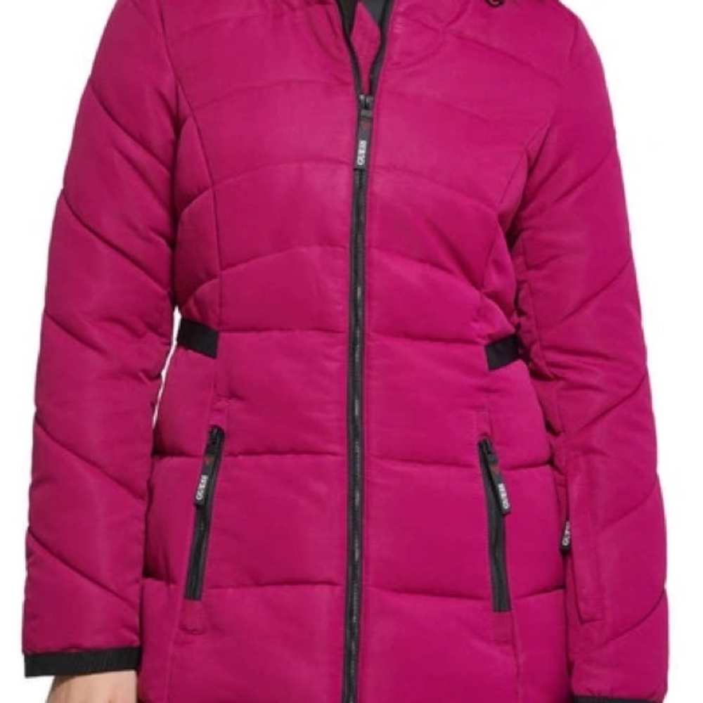 GUESS women's faux-fur-trim hooded puffer coat in red
